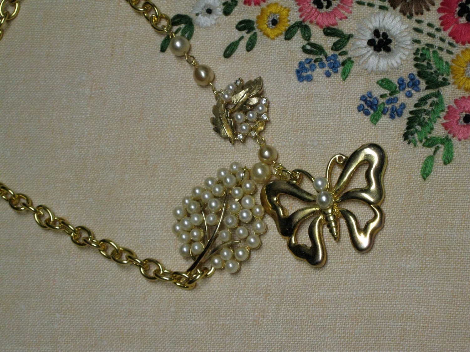 Pearl and Butterfly Upcycled Vintage Wedding Necklace