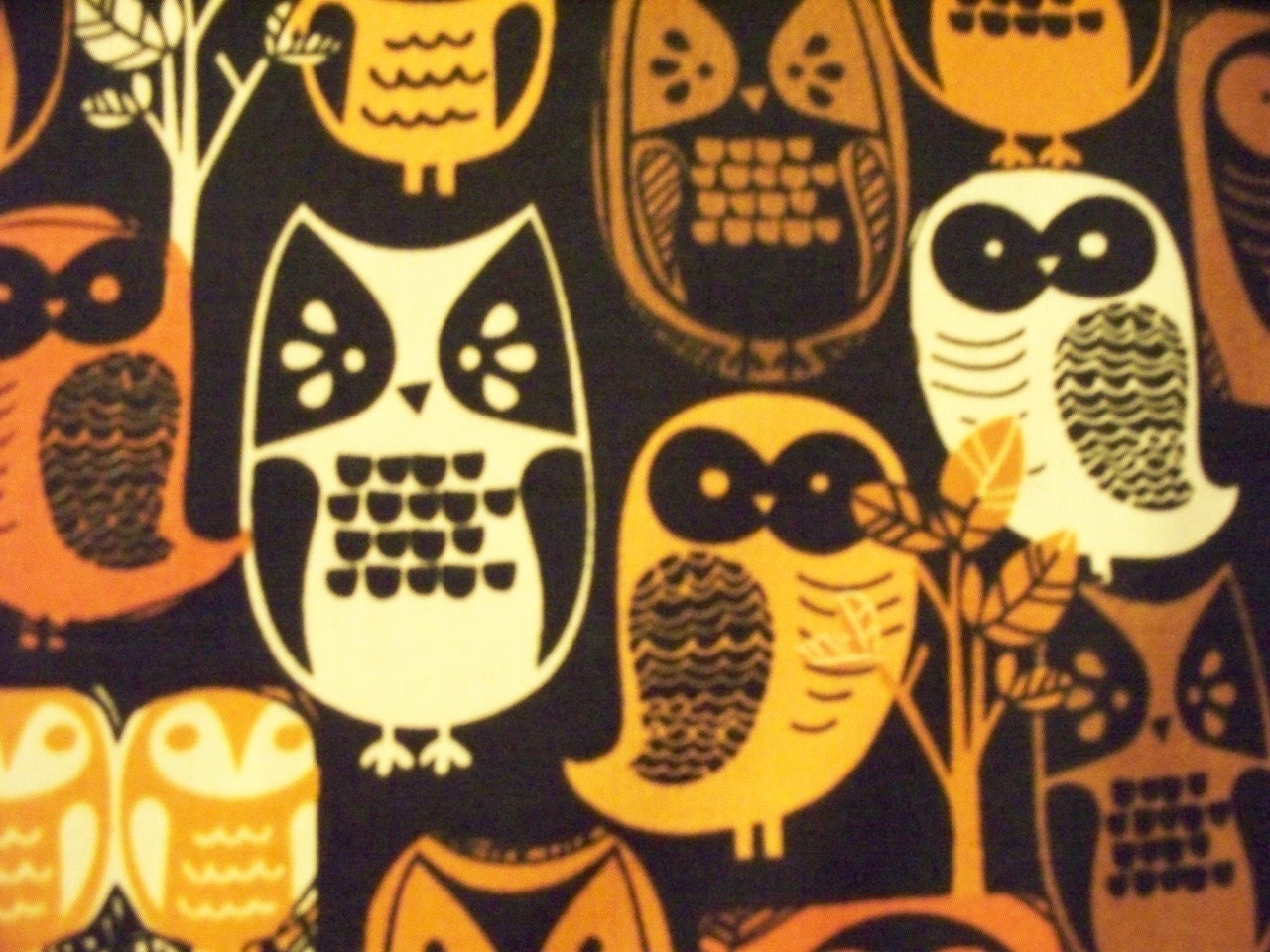 Owls Grey Orange Cotton Fabric