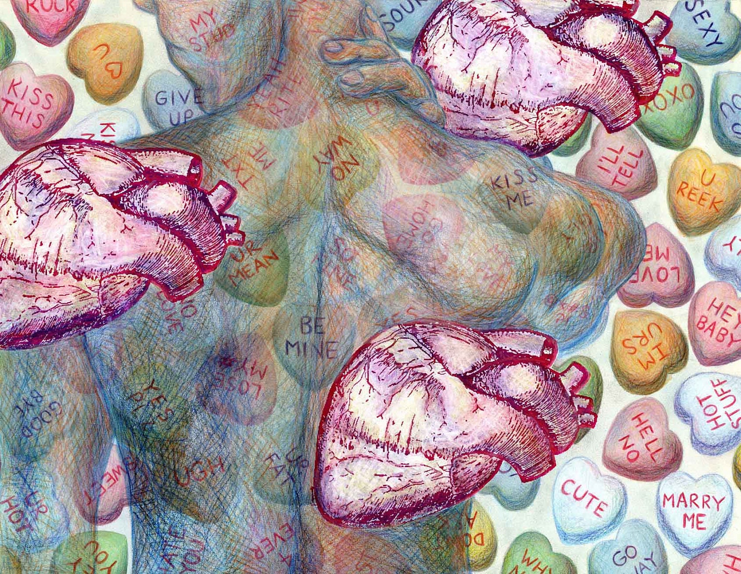 SALE Mixed media collage, anti Valentines Day - love, romantic medical art, candy art