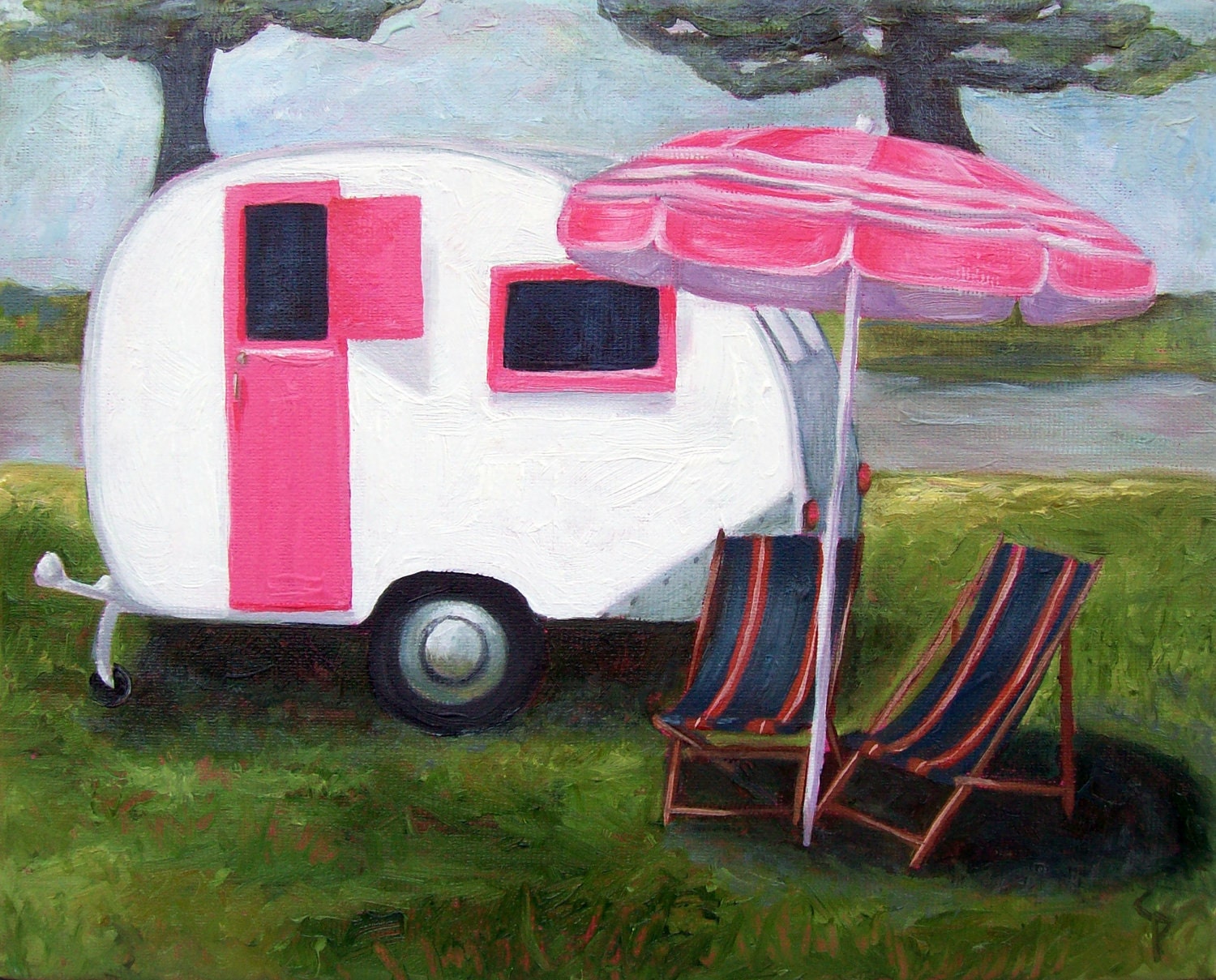 SALE Retro Caravan - original oil painting - Vintage travel home decor, airstream teardrop trailer