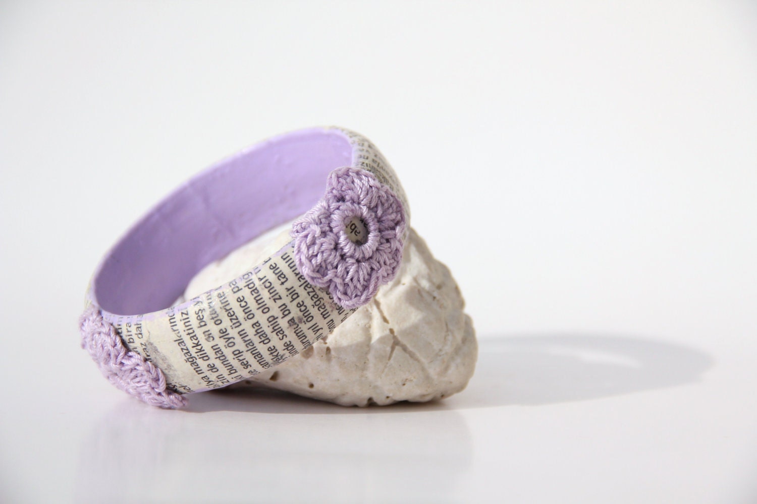 Purple words bracelet, recycled newspaper decoupaged, crochet flower