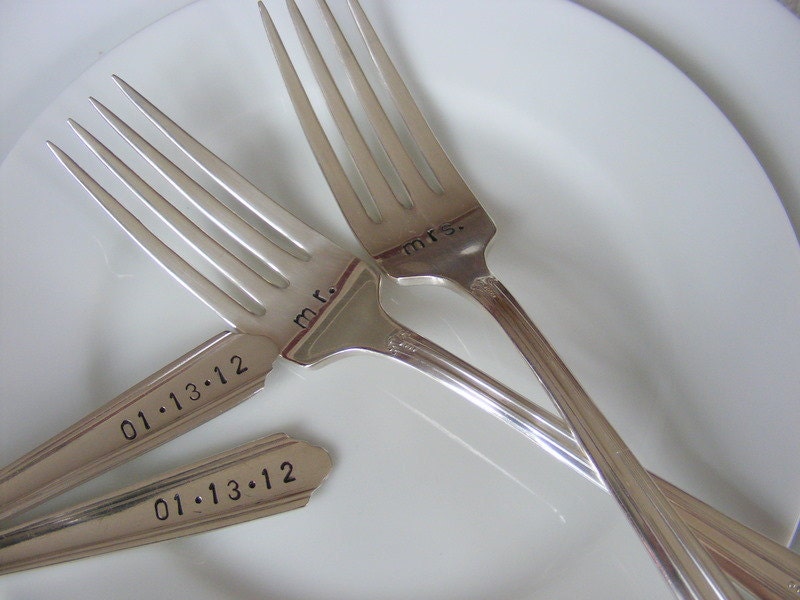 Hand Stamped Wedding Silverware Dinner Forks Mr and Mrs