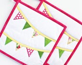 Bunting Hullabaloo Potholders - Handmade Quilted Potholders - Set of Two