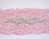 Pink rose lace garter with beautiful  rhinestone applique