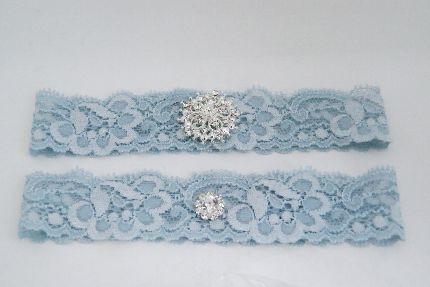 Wavy blue garter set with rhinestone, wedding garter set, bridal lace garter
