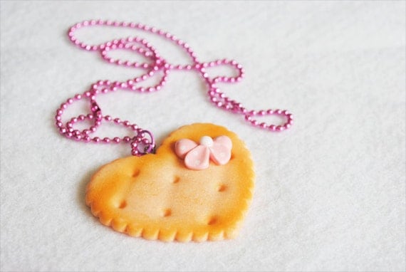 Kawaii Heart Shaped Cookie Necklace, Pink with Bow