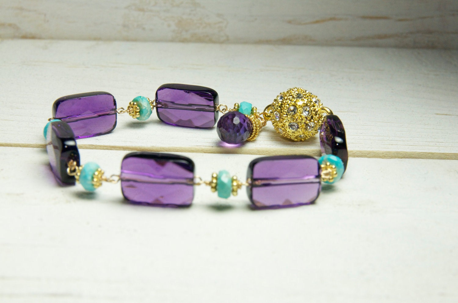 Rectangle Amethyst Statement Bracelet in Gold/Amethyst Statement Bracelets/Amethyst and Apatite Bracelet