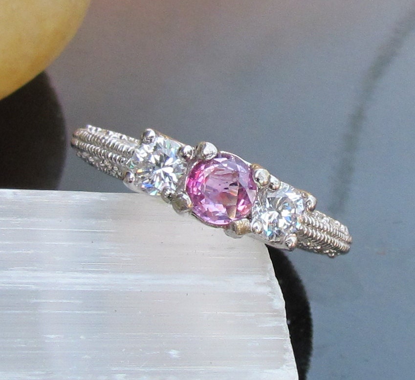 Three-stone Pink Sapphire and Cubic Zirconia Promise Ring In Platinum Plated Silver September Birthstone Gemstone Jewelry