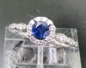 Engagement Ring Blue Sapphire In 14k Gold and Diamond Halo Setting Matching Band Available Bridal Jewelry Wedding Set