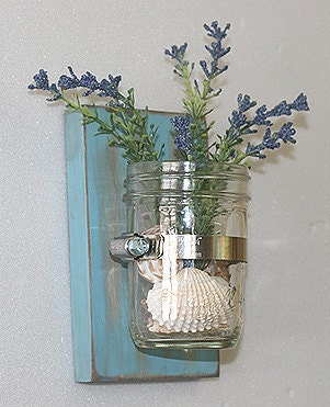 Mason Jar Vase Shabby Chic Cottage Weathered Light Turquoise Wooden Wall Vase Free Frog Lid Seashore Mermaid Seashell Cottage Decor
