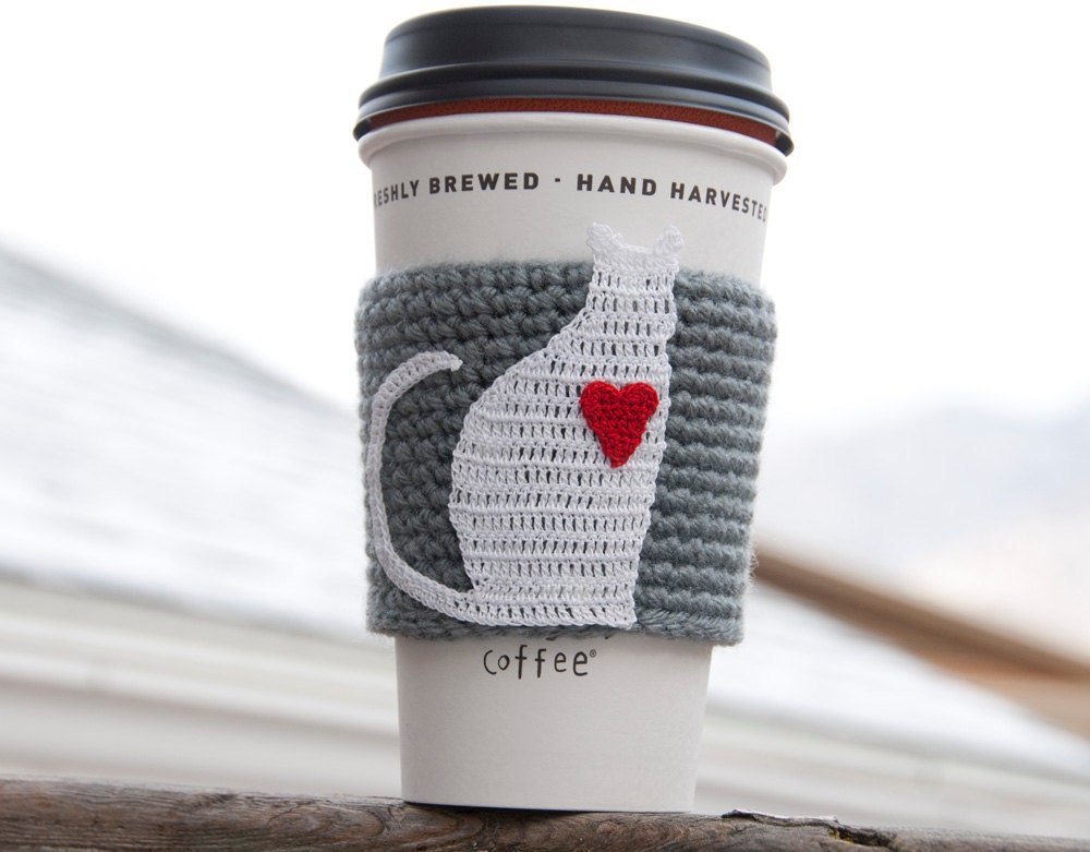 Hand crocheted coffee cosy cozy, i love my cat gift,  on a silver gray sleeve