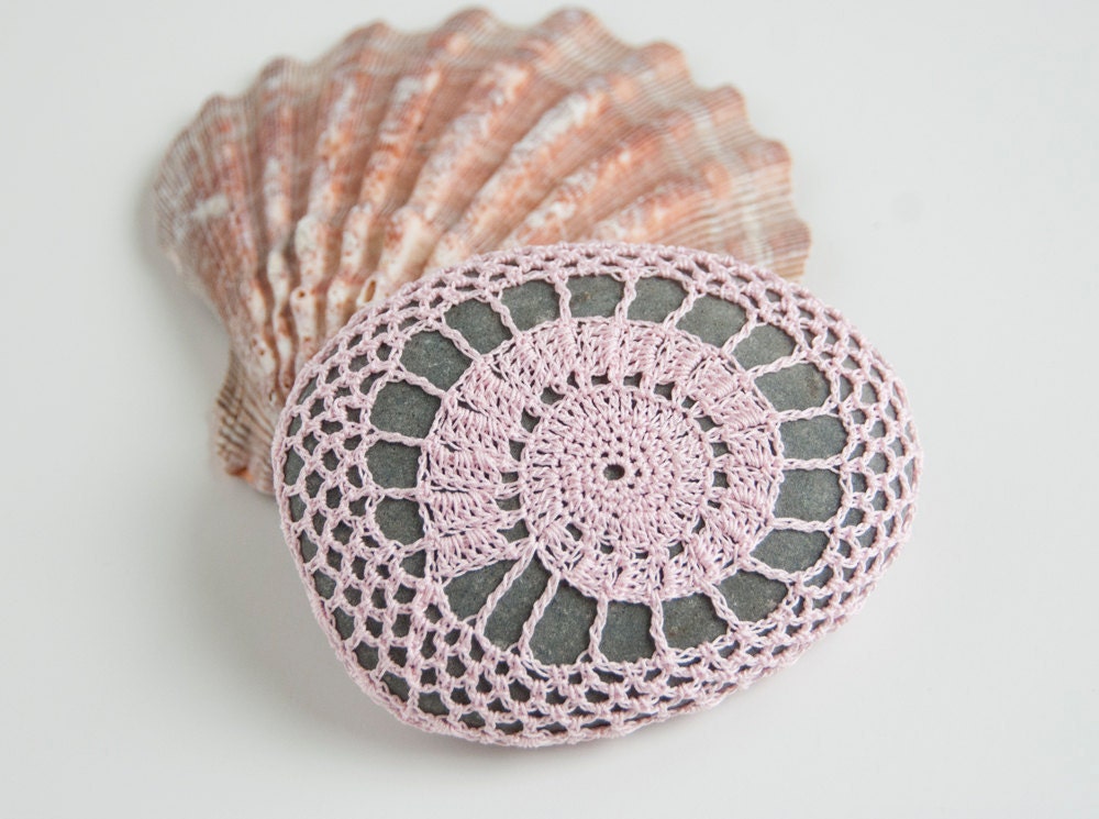 Crochet Lace  Stone // Rustic Beach // Shell Pink // Wedding Decor // Ringbearer Pillow // Gift for the home // Gift for her