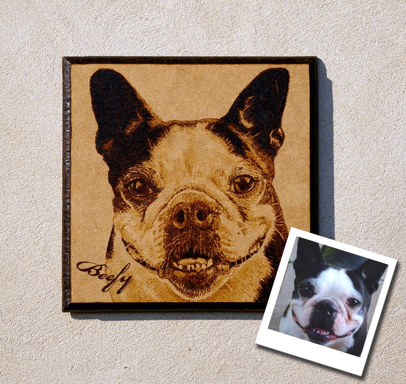 Custom woodburned pet portrait