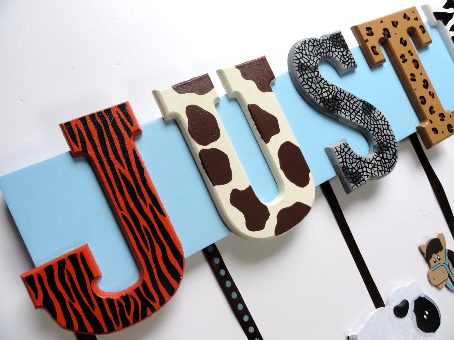 Zoo Animal Name Sign (7 Letters) - Custom Hand Painted Wood Letters on a Personalized Wall Hanging for Nursery or Child's Bedroom