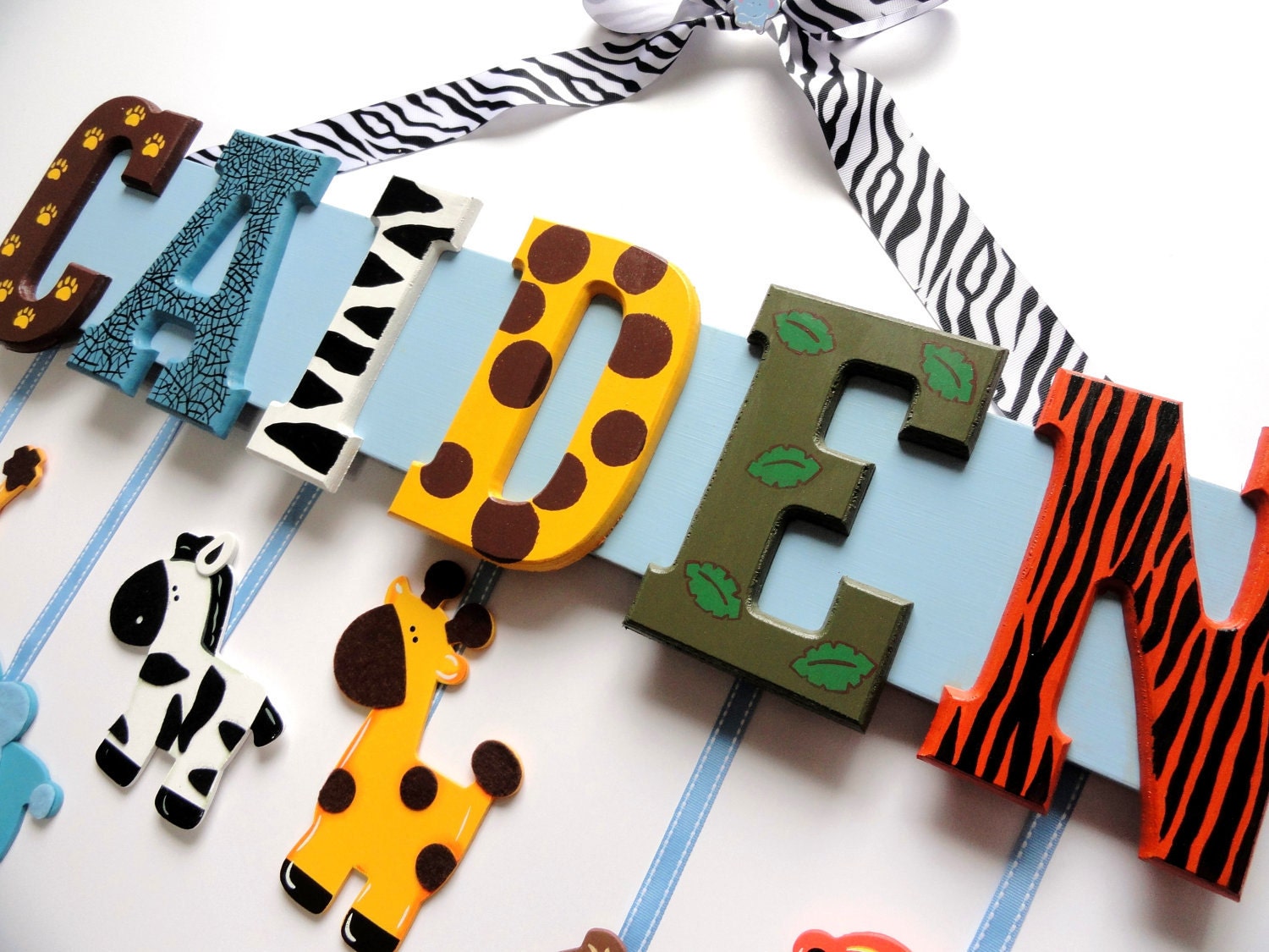 Zoo Animal Name Sign (7 Letters) - Custom Hand Painted Wood Letters on a Personalized Wall Hanging for Nursery or Child's Bedroom