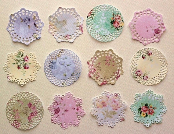 Shabby Roses patterned paper small die cut paper doilies. Set of 12.