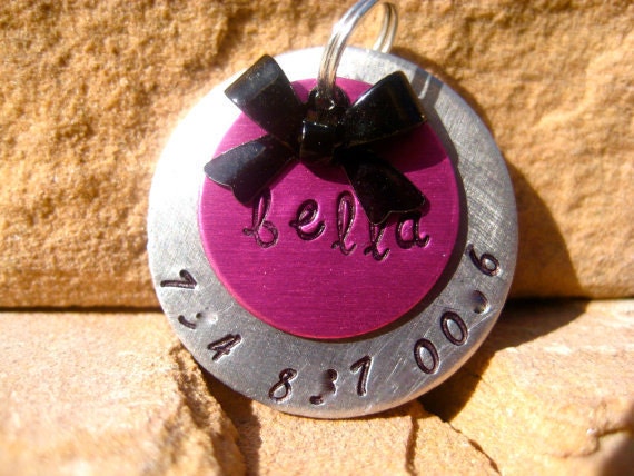 The Bella - Unique Handstamped Pet ID Tag Layered 2 Disc Bow Dogs