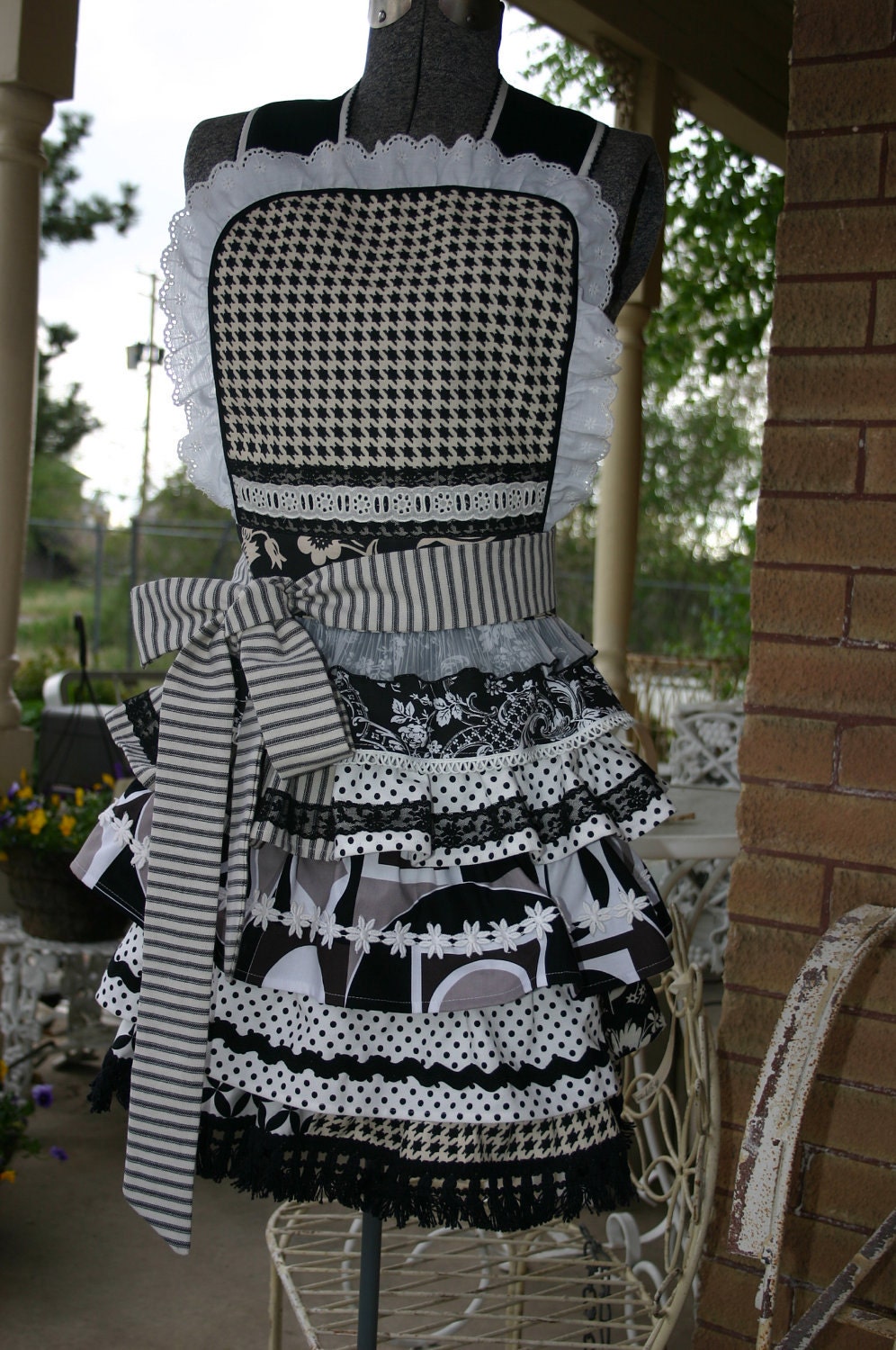 Flirty Ruffle Handmade One of a kind Full Black and White Women's APRON. Hostess Bridal Birthday gift.