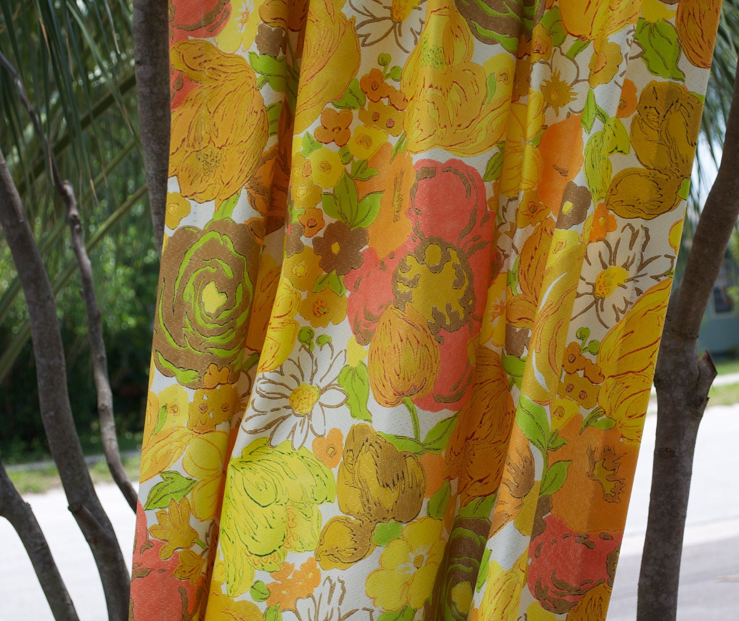 Vintage Floral Curtain - Yellow, Orange, Lime Green, Coral Pink, Tan, and White