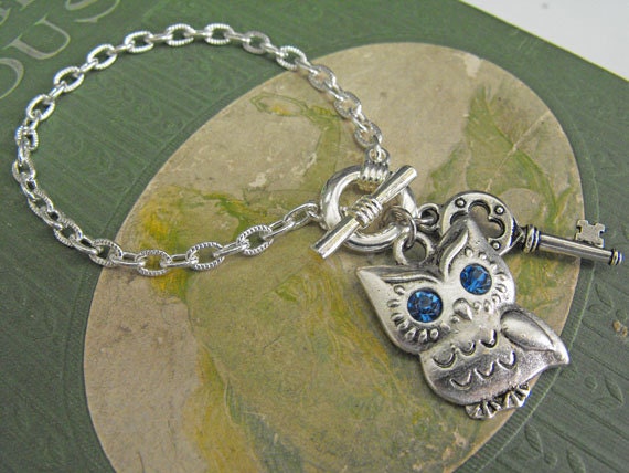 Owl Charm Bracelet Owl Jewelry Skeleton Key Bracelet Silver Owl Bracelet Chain Bracelet Whimsical Jewelry
