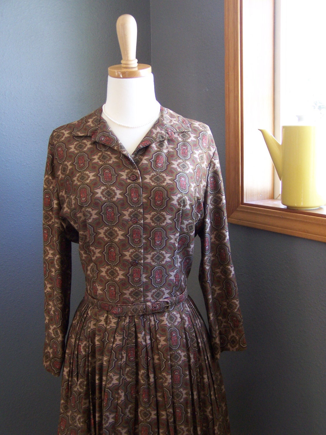 Vintage 50's Brown Print Long Sleeve Swing Dress