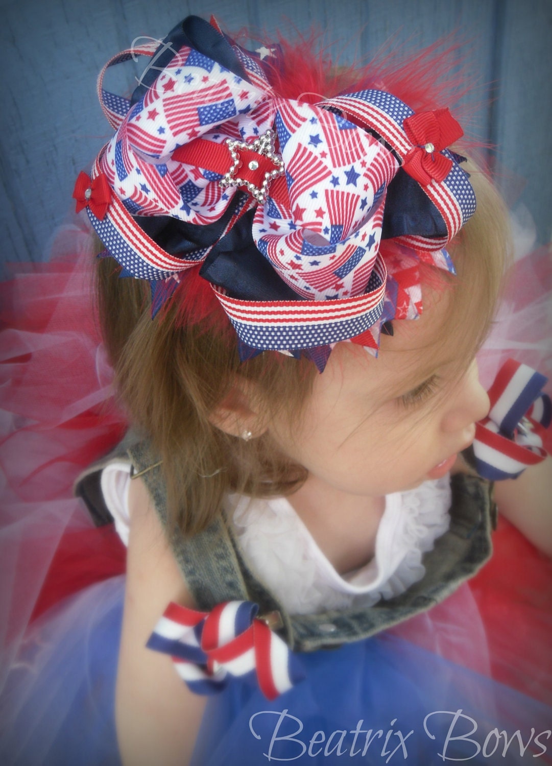 Over The Top OTT Red White Blue Marabou Bling Bow