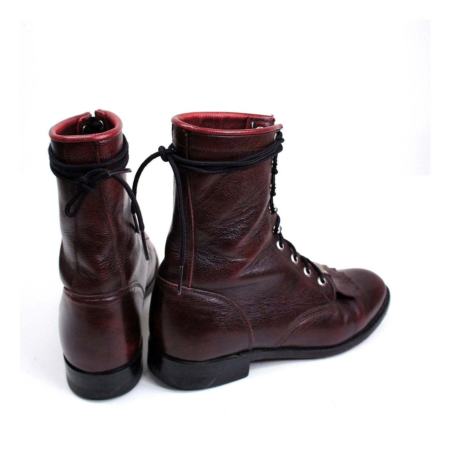 Southwestern Medallion Lacers / Black Cherry Pebbled Leather / Lace up Roper Boots by JUSTIN for Women's size 7