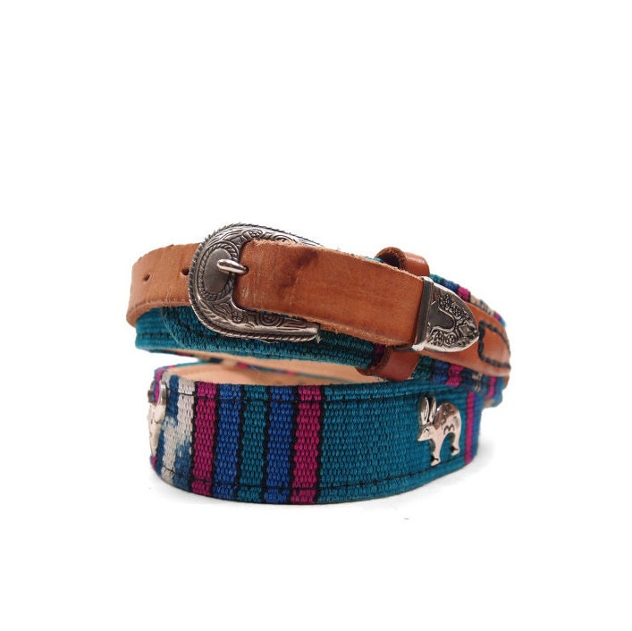 Southwestern Aztec Belt Animal Charms Turquoise Pink Purple & Honey Brown Leather size Medium (32"-34")