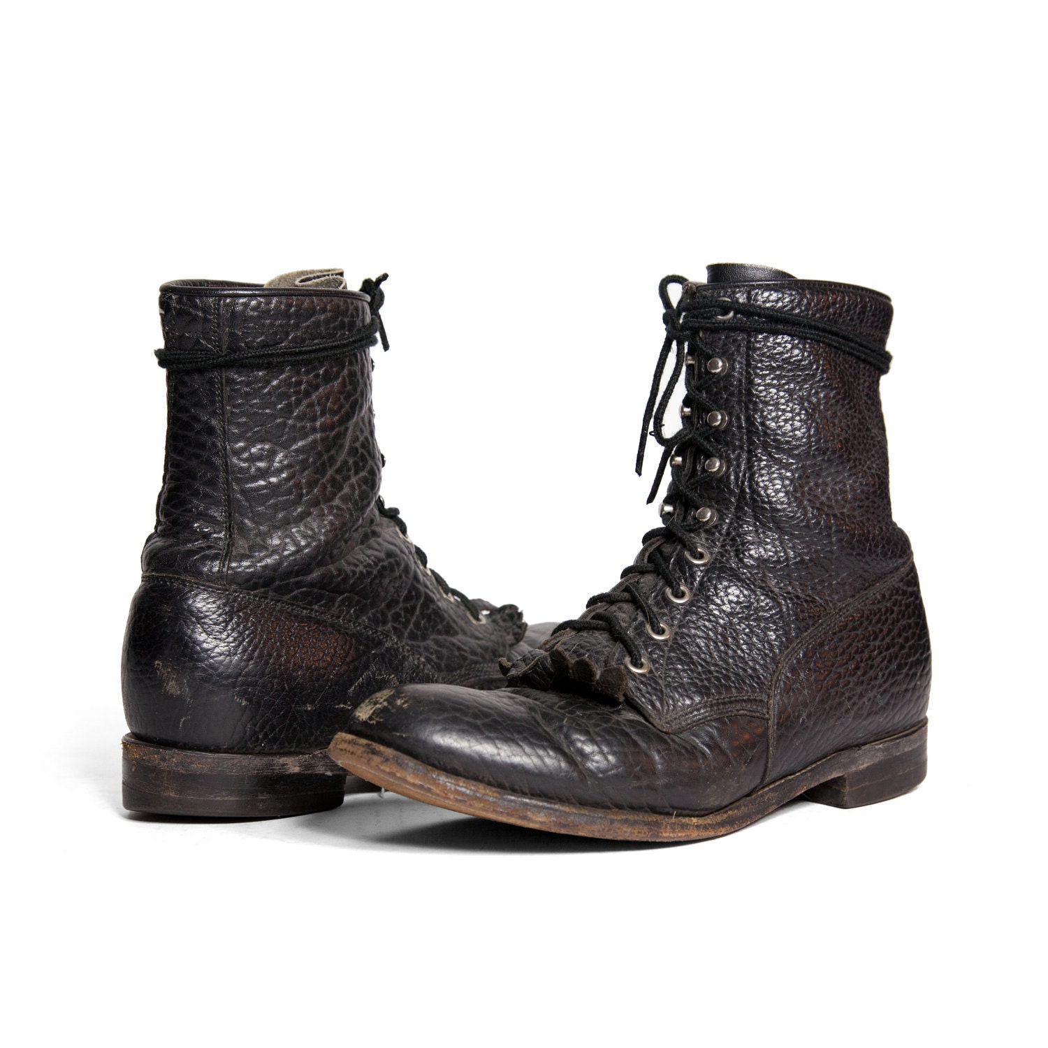 Vintage Justin Roper Boots in Textured Black Leather for Men's size 9 1/2 D