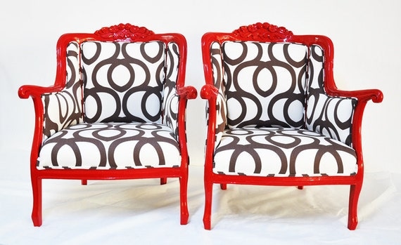 Reserve Listing FOR Gretchen: Red Armchairs with Cotton Geometric