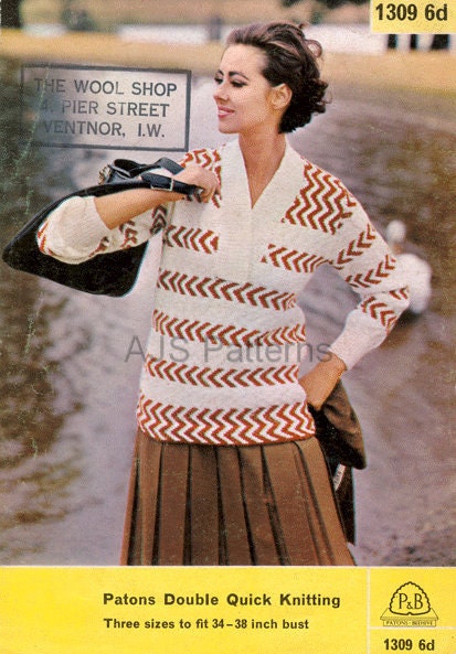 PDF Knitting pattern for aRetro Fair Isle Jumper in a Chevron Design - 1960's