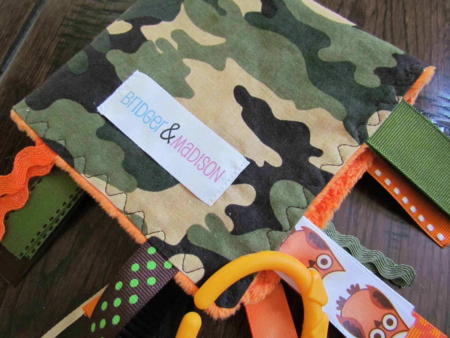 Jungle Camo Ribbon Sensory Blanket with Hunter Orange Accents and Orange Minky Dot- READY TO SHIP