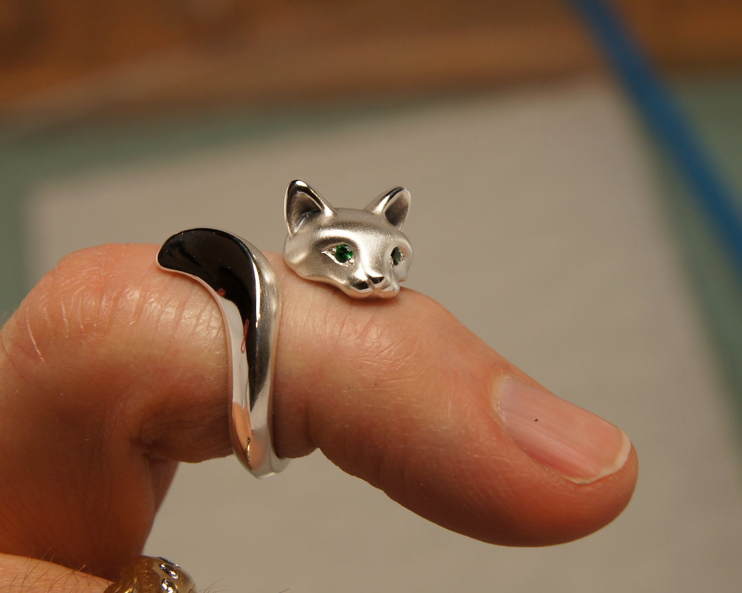 forrest cat ring, with colored diamond eyes. pick your color.  satin/ high polish finish