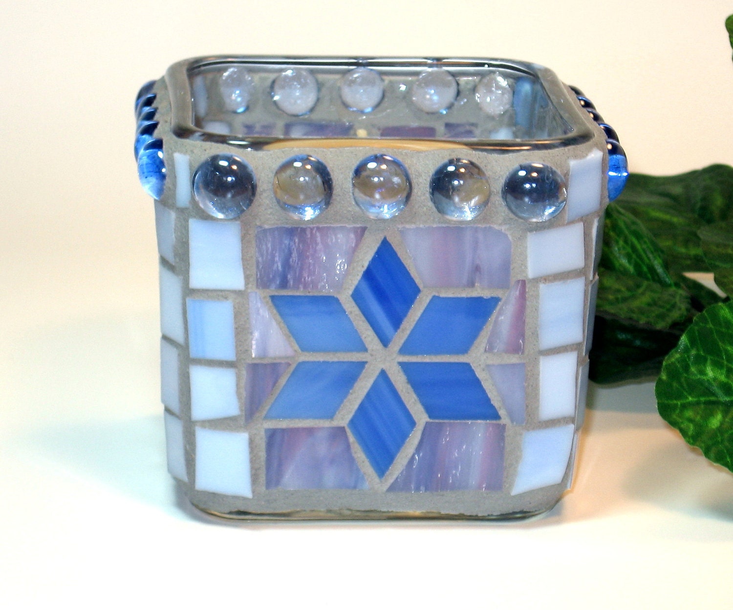 Stained glass mosaic candle holder for votives or tealights