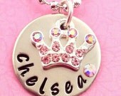 Personalized Name Initial Hand Metal Stamped Pink Swarovski Crystal Crown Princess Charm Pendant Necklace Gift Present Party Favor