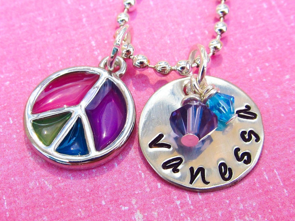 Personalized Name Hand Metal Stamped Swarovski Crystal Peace Sign Charm Pendant Necklace Pink Purple Blue Gift Present Party Favor Easter