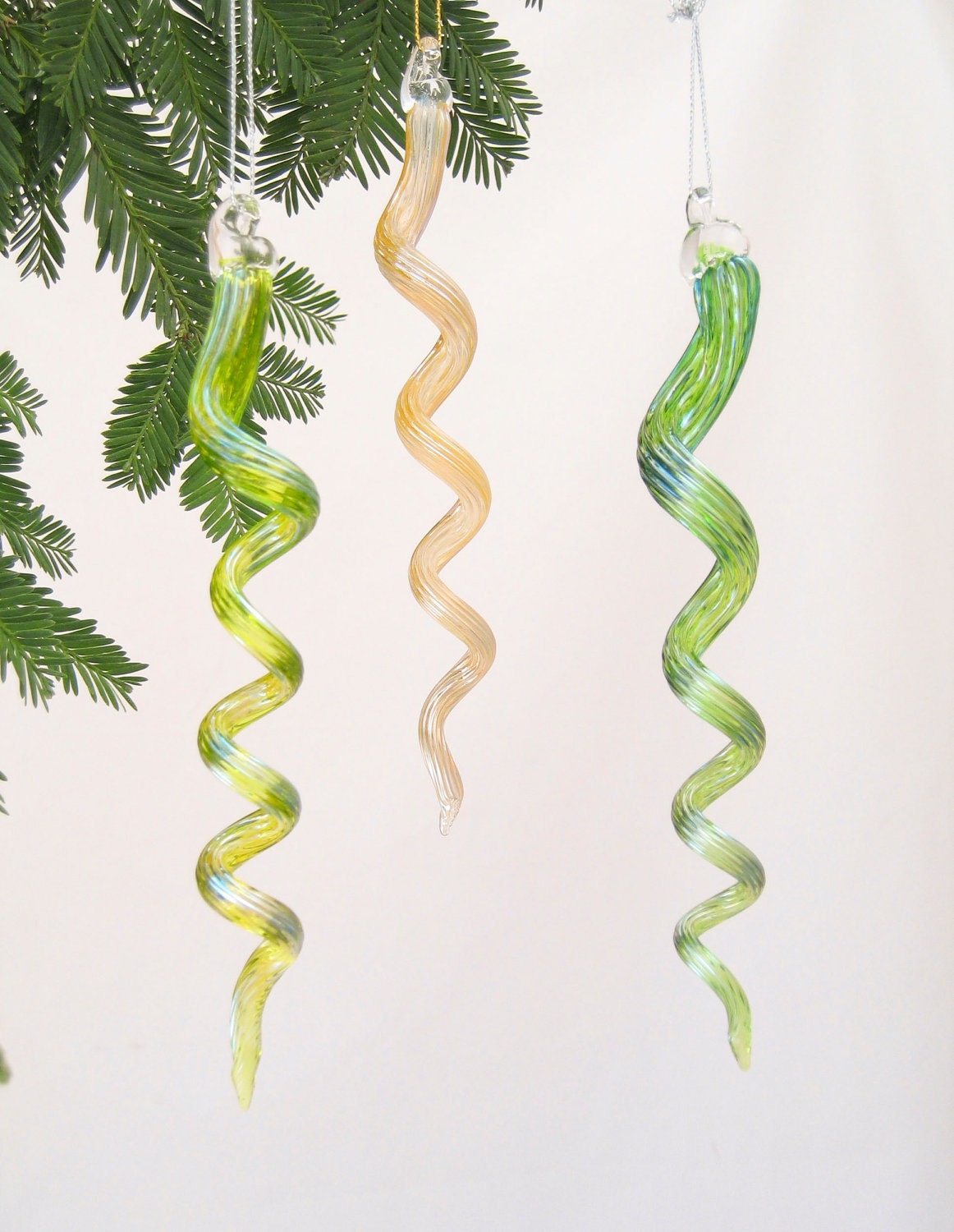 Glass Icicles - Christmas Ornament Suncatcher - Transparent Green Iridescent - tree decorations - under 20