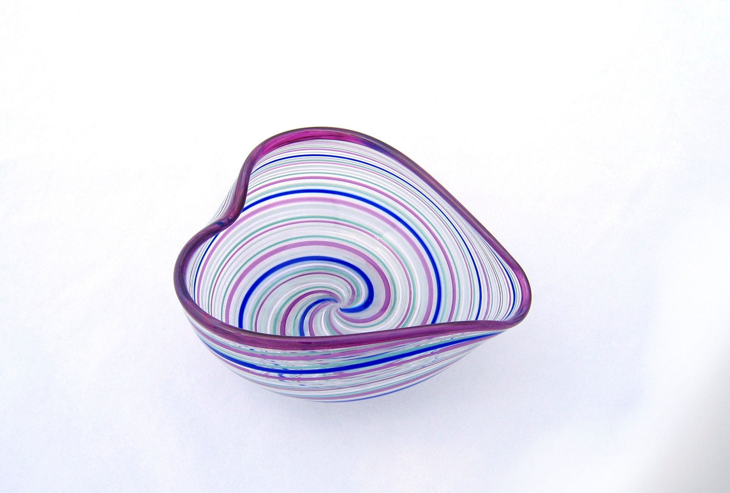 Heart Bowl Hand Blown Glass Venetian Style Purple Multi Color Mod Art tagt - AvolieGlass