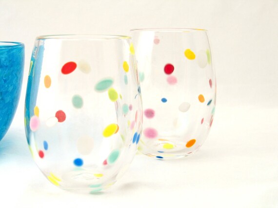 Blown Glass Tumbler Set  Retro Bright Polka Dot Juice Glasses Fun Whimsical