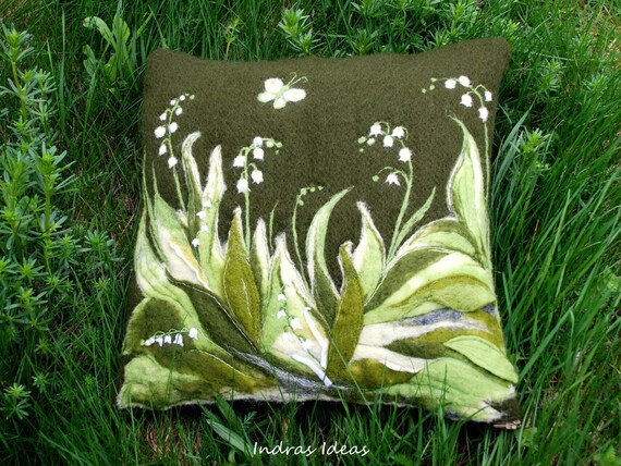 Lilies of the valley - Unique felted pillow cover   16"x16