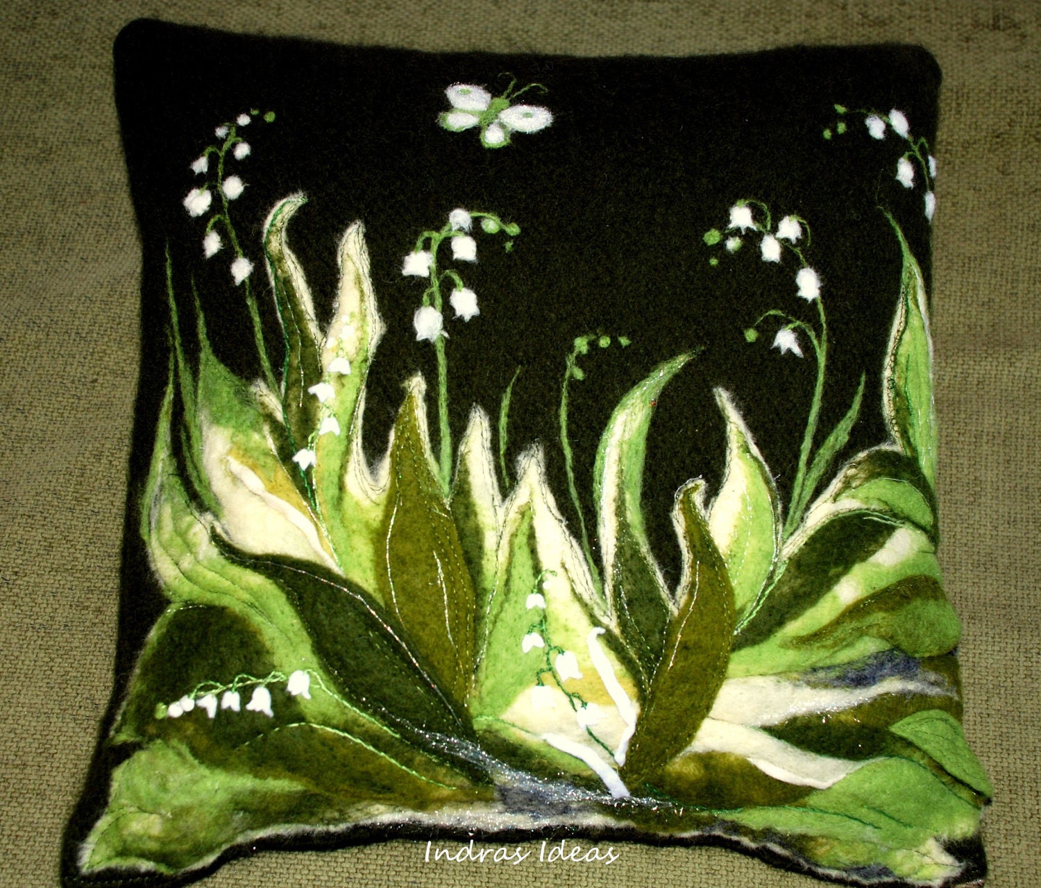 Lilies of the valley - Unique felted pillow cover   16"x16