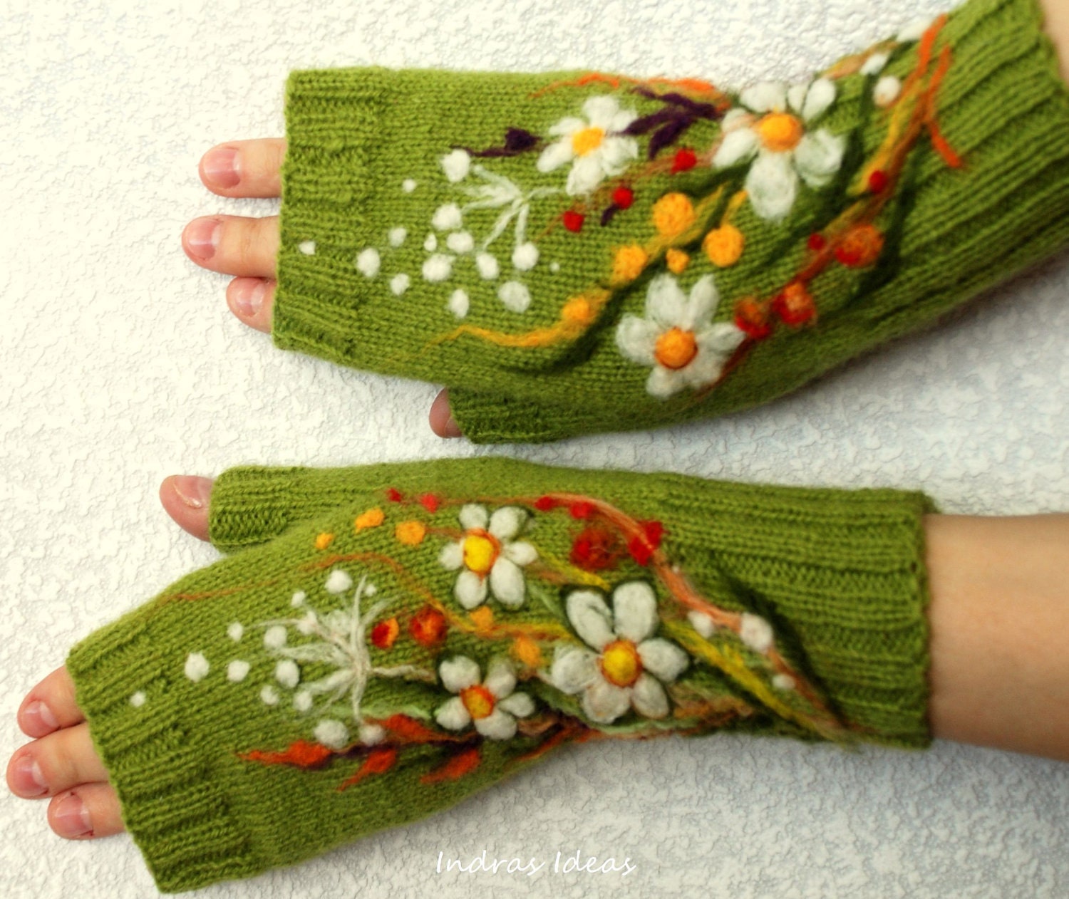 Green fingerless gloves with felted flowers meadows