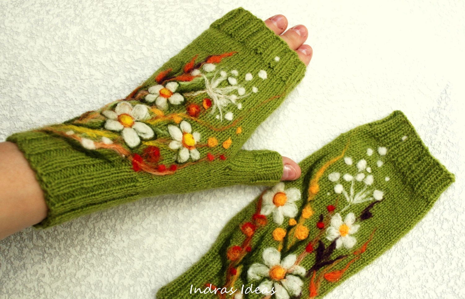 Green fingerless gloves with felted flowers meadows