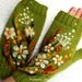 Green fingerless gloves with felted flowers meadows