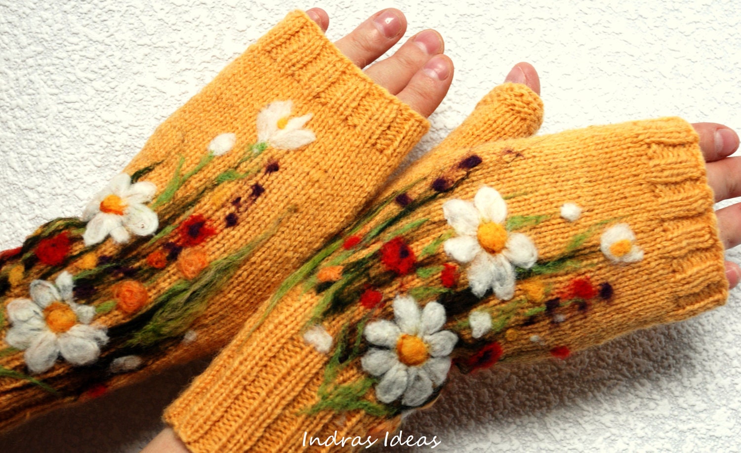 Green fingerless gloves with felted flowers meadows