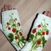 White fingerless gloves with felted strawberries