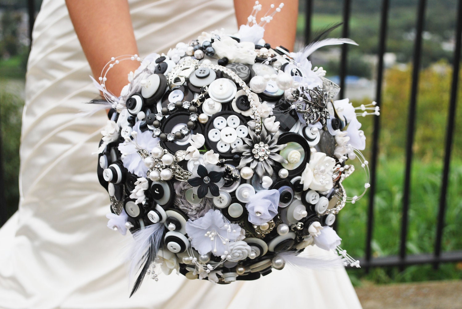 Beautiful Jeweled Black,White,Silver Vintage CUSTOM Button Wedding Bouquet DEPOSIT