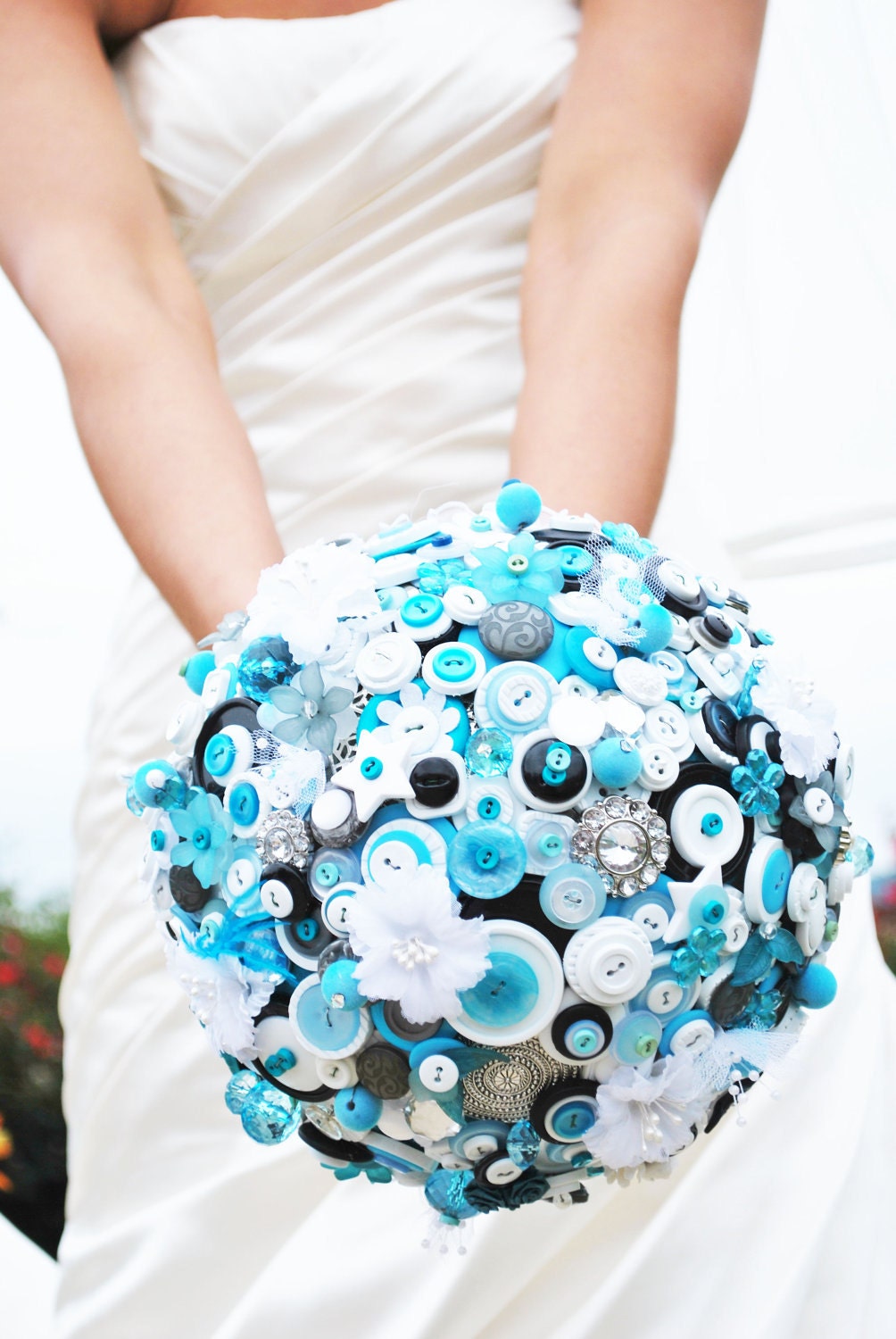 Stunning Aqua White Silver Black Button Broach CUSTOM Wedding Bouquet- DEPOSIT