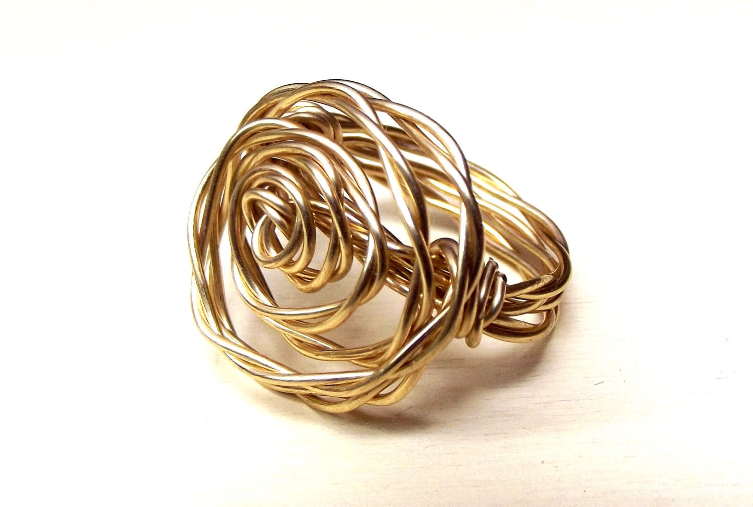 Modern Gold Rosette Ring:  Twisted Wire Wrapped Ring, Bold Wide Band Freeform Rose Ring, Custom Size