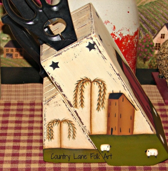knife block hand painted wooden primitive salt box house  willow tree